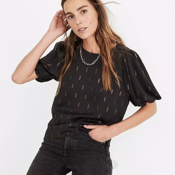MADEWELL Women's Black Metallic Jacquard Puff-Sleeve Top‎ Size Medium - Picture 1 of 5